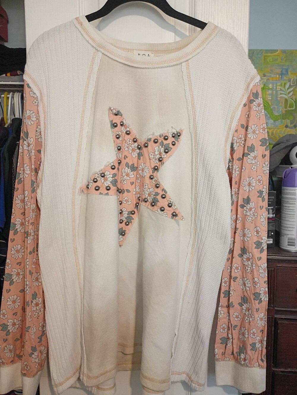POL Cream Waffle-Knit Sweater with Pink Floral Star and Sleeves